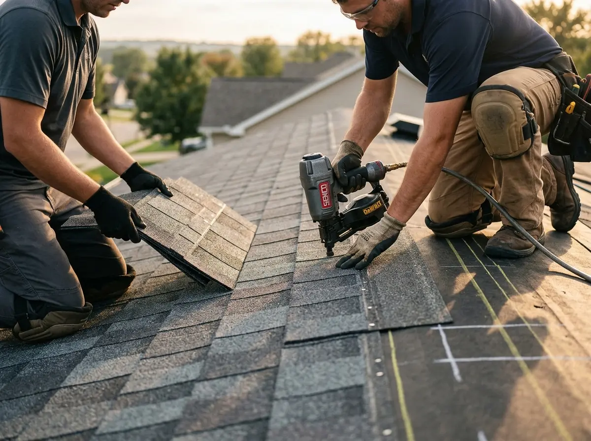 Professional roofer working on a residential roof in Chain Lake